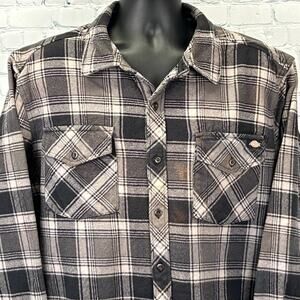 Dickies Heavyweight Flannel Button Front Shirt Grunge Western Gray Plaid 2XL XXL